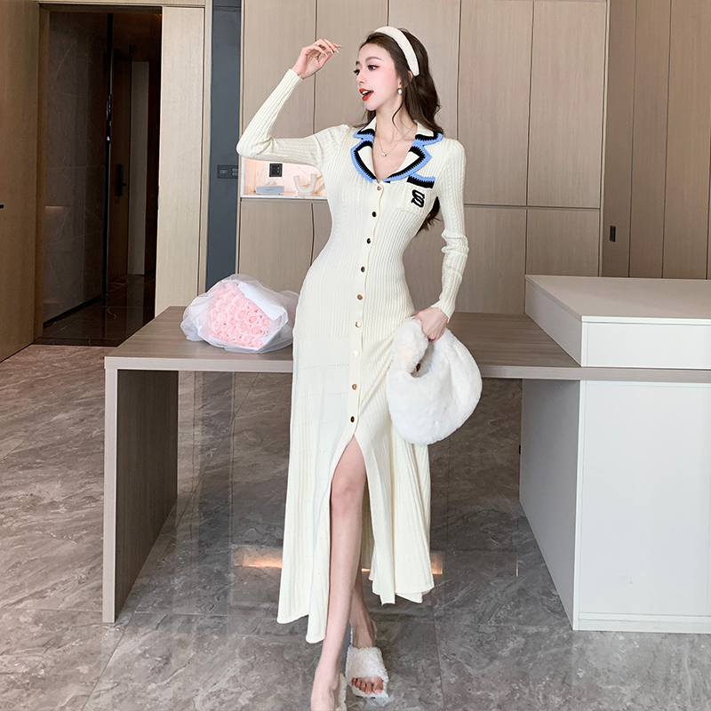 Korean Style Polo Collar Knit Sweater Dress Women's Autumn Winter Slimming Contrast Embroidery Long Dress - Image 3