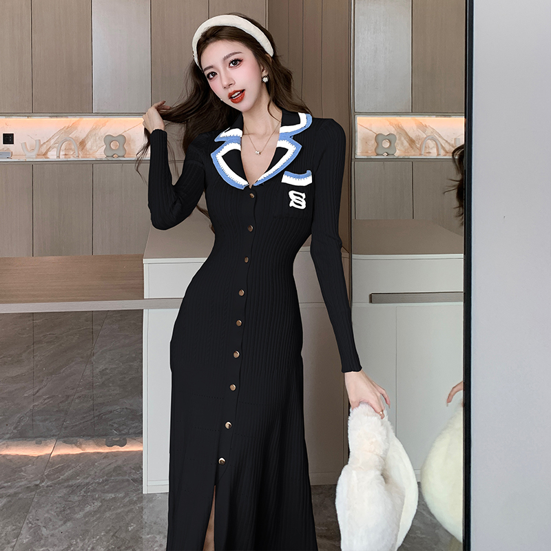 Korean Style Polo Collar Knit Sweater Dress Women's Autumn Winter Slimming Contrast Embroidery Long Dress - Image 2