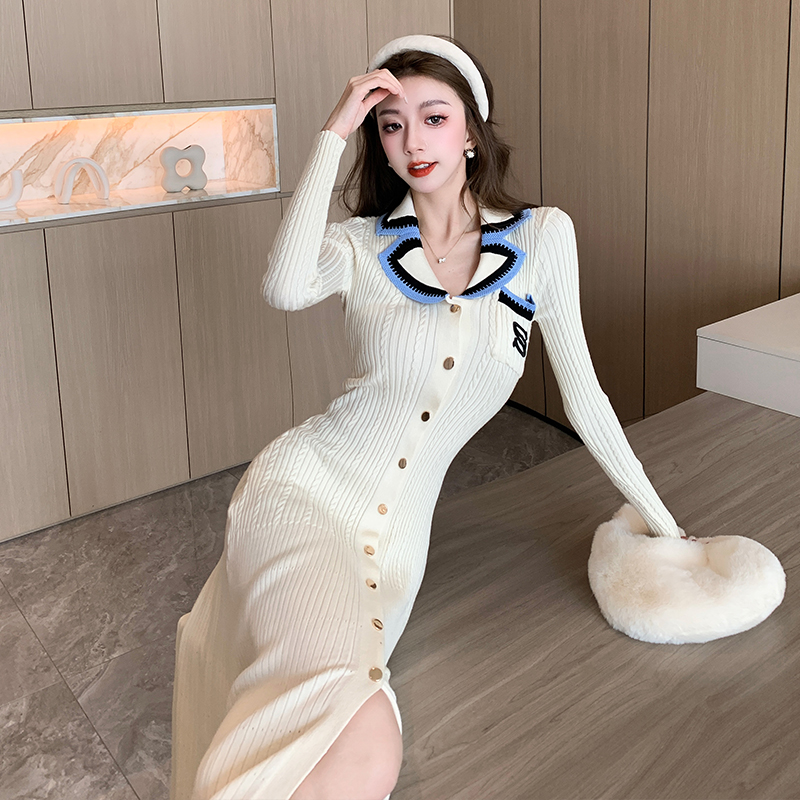 Korean Style Polo Collar Knit Sweater Dress Women's Autumn Winter Slimming Contrast Embroidery Long Dress