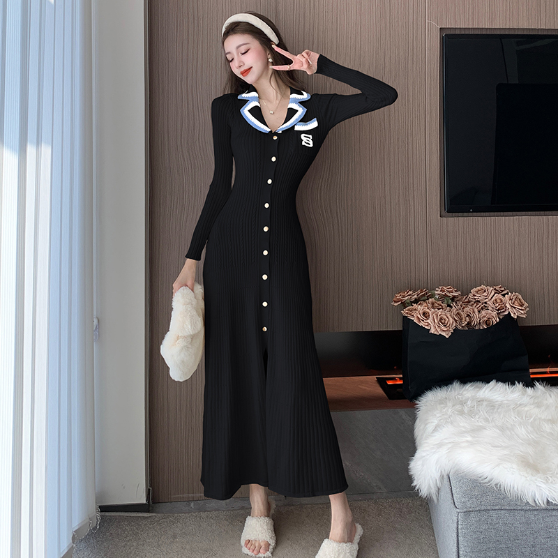 Korean Style Polo Collar Knit Sweater Dress Women's Autumn Winter Slimming Contrast Embroidery Long Dress - Image 4