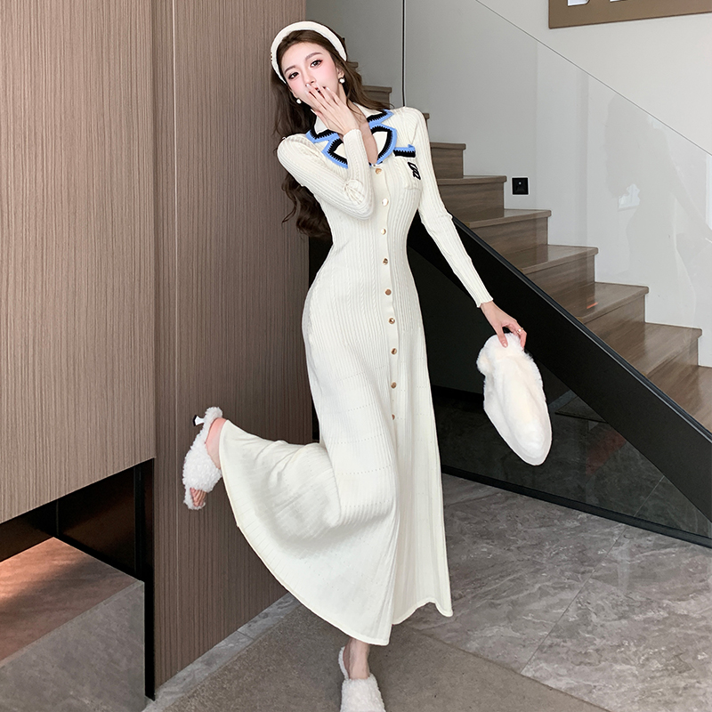 Korean Style Polo Collar Knit Sweater Dress Women's Autumn Winter Slimming Contrast Embroidery Long Dress - Image 5