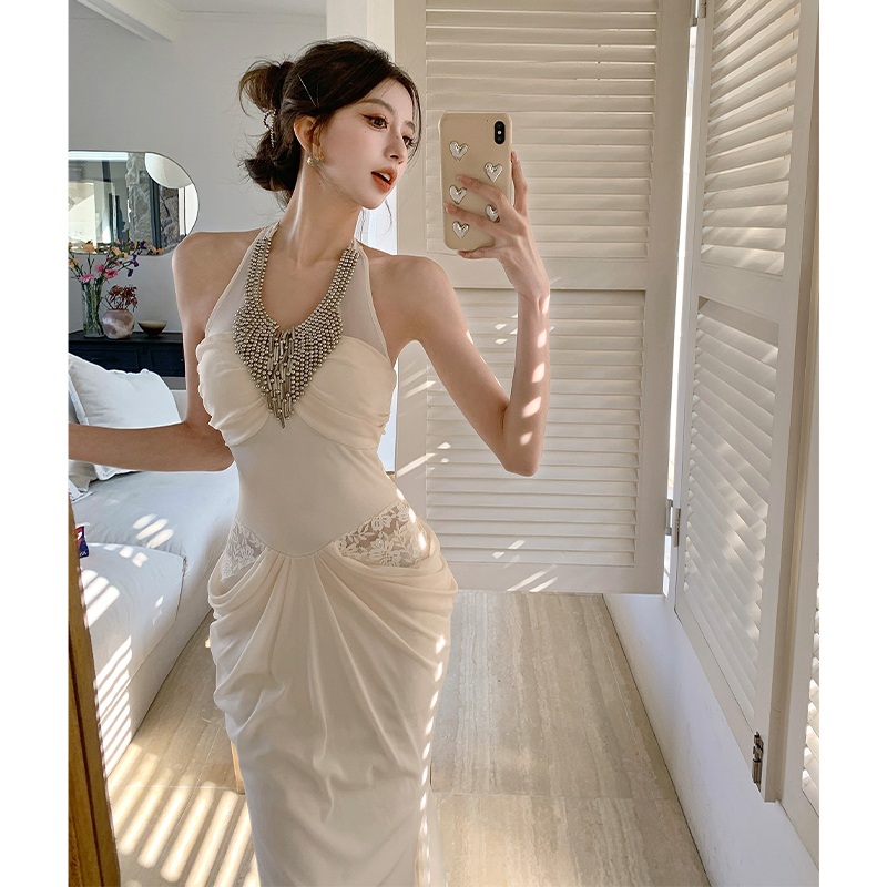 French Style Beaded Halter Bodycon Mermaid Dress for Women