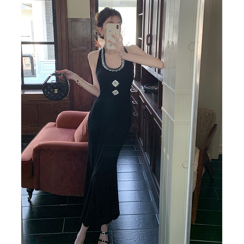 French-Style Beaded Sleeveless Halter Bodycon Long Dress for Women