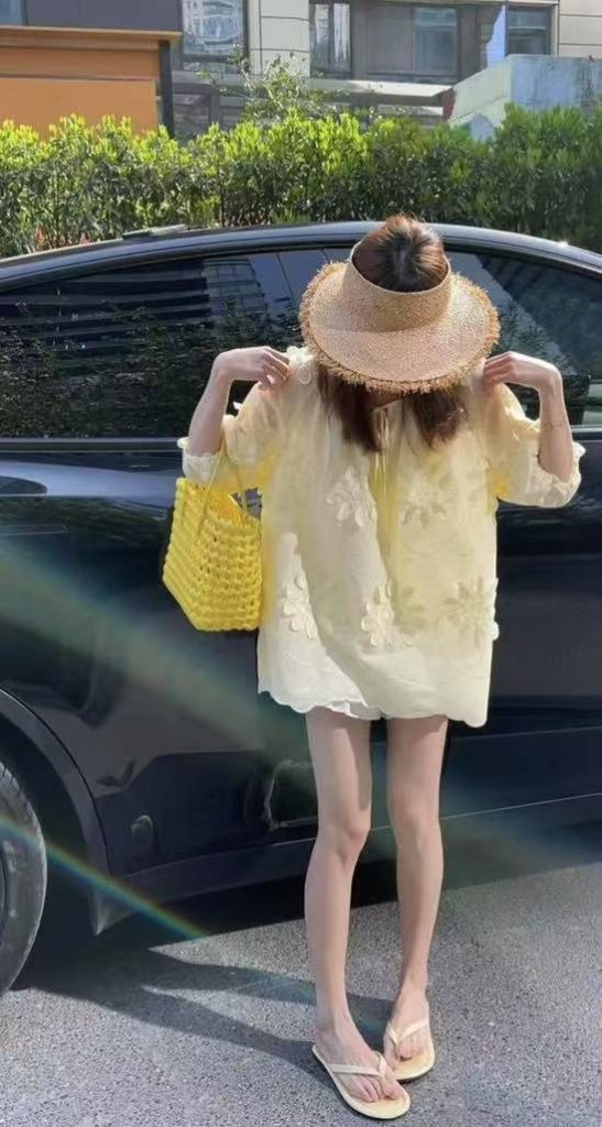 Yellow 3D Petal Korean Style 3/4 Sleeve Blouse and White Lace Shorts Two-Piece Set