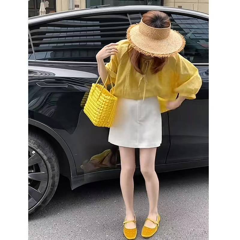 White Embroidered Sun Protection Shirt and High Waist Skirt Two Piece Set