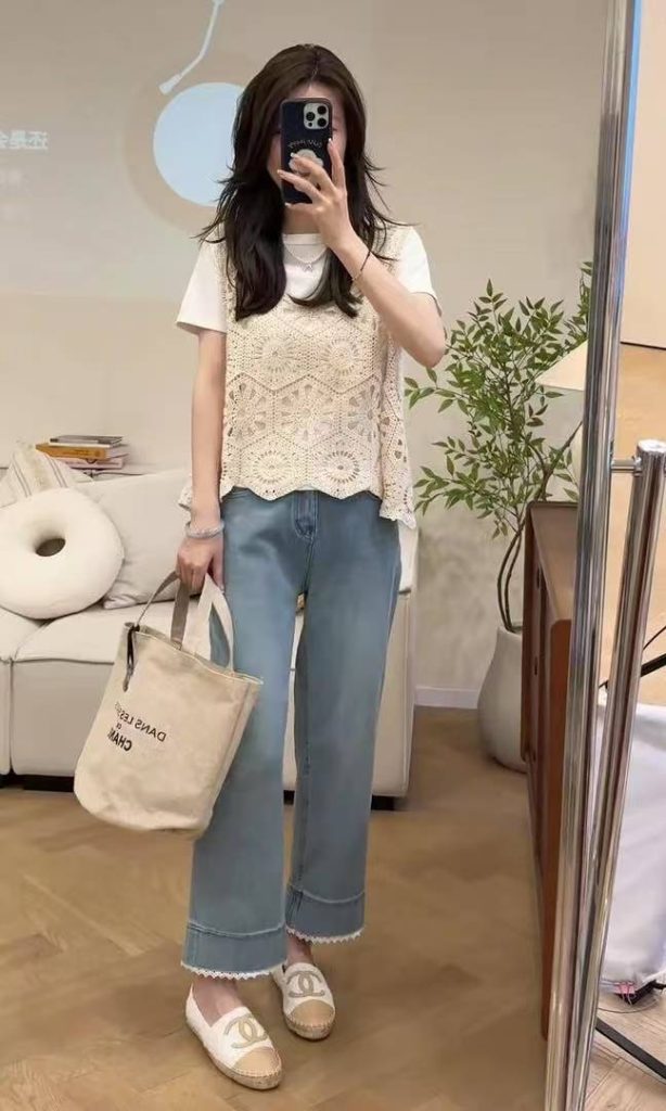 Boho Crochet Hollow Knit Vest Women's Set with T-Shirt and Slim Pants