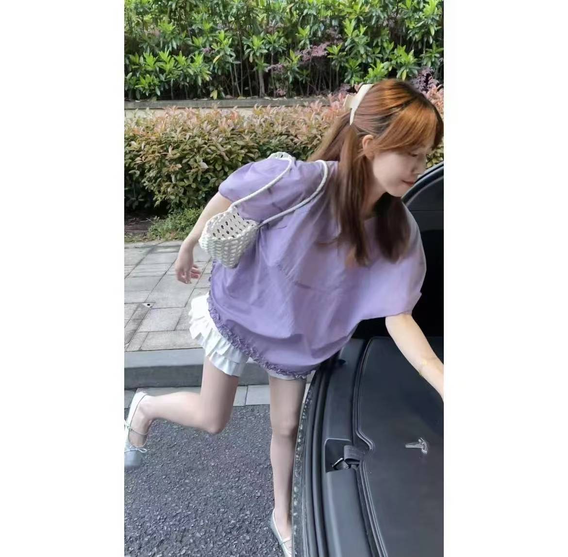 Taro Purple Lightweight Ruffle Hem Puff Sleeve Korean Style Short Sleeve Blouse and Shorts Casual Two-Piece Set - Image 2