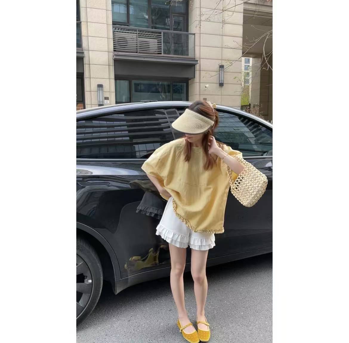 Taro Purple Lightweight Ruffle Hem Puff Sleeve Korean Style Short Sleeve Blouse and Shorts Casual Two-Piece Set - Image 3