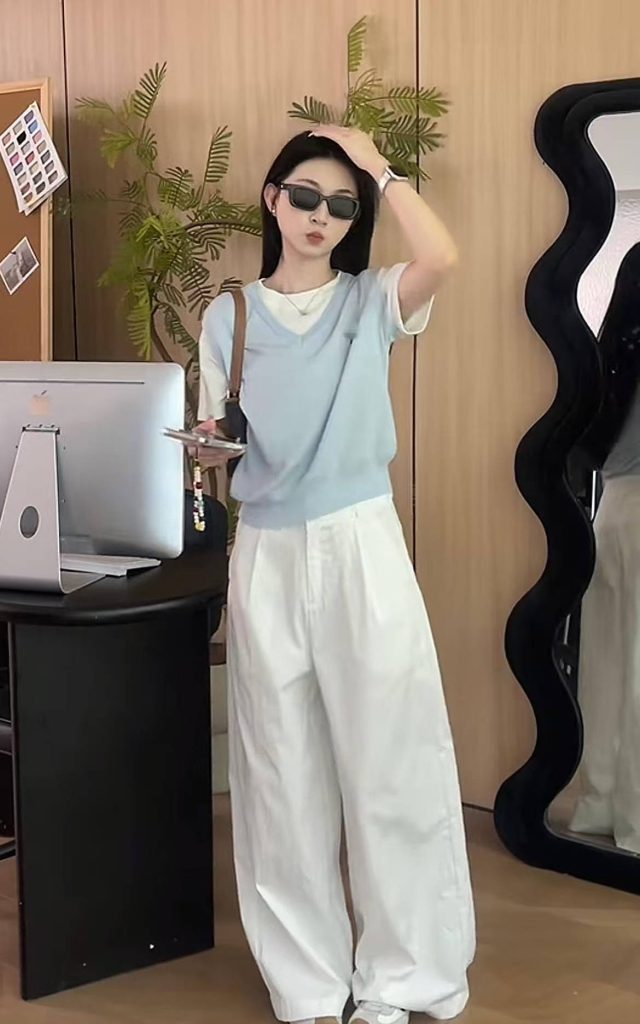 Two-Piece Faux-Layer Embroidered Knit Short-Sleeve T-Shirt and White Wide-Leg Pants Set