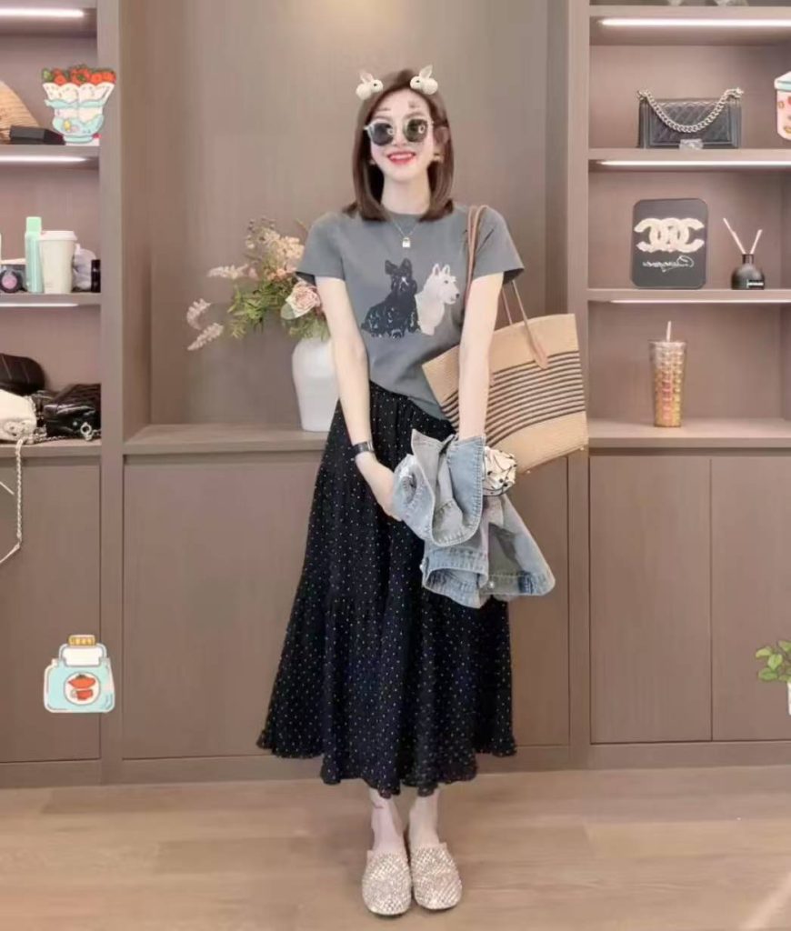 Slimming Fashion Summer Printed Youthful Round Neck Korean Style Niche T-Shirt with Midi Elegant High Waist Half Skirt Two-Piece Set