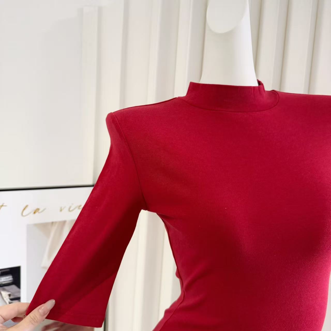Women's Red Slim Fit Half High Neck Five-Quarter Sleeve Top - Image 4