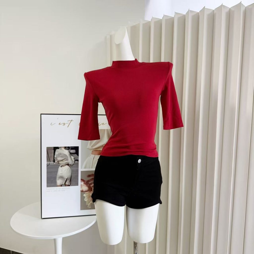 Women's Red Slim Fit Half High Neck Five-Quarter Sleeve Top