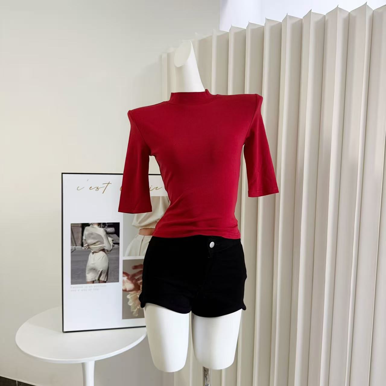 Women's Red Slim Fit Half High Neck Five-Quarter Sleeve Top
