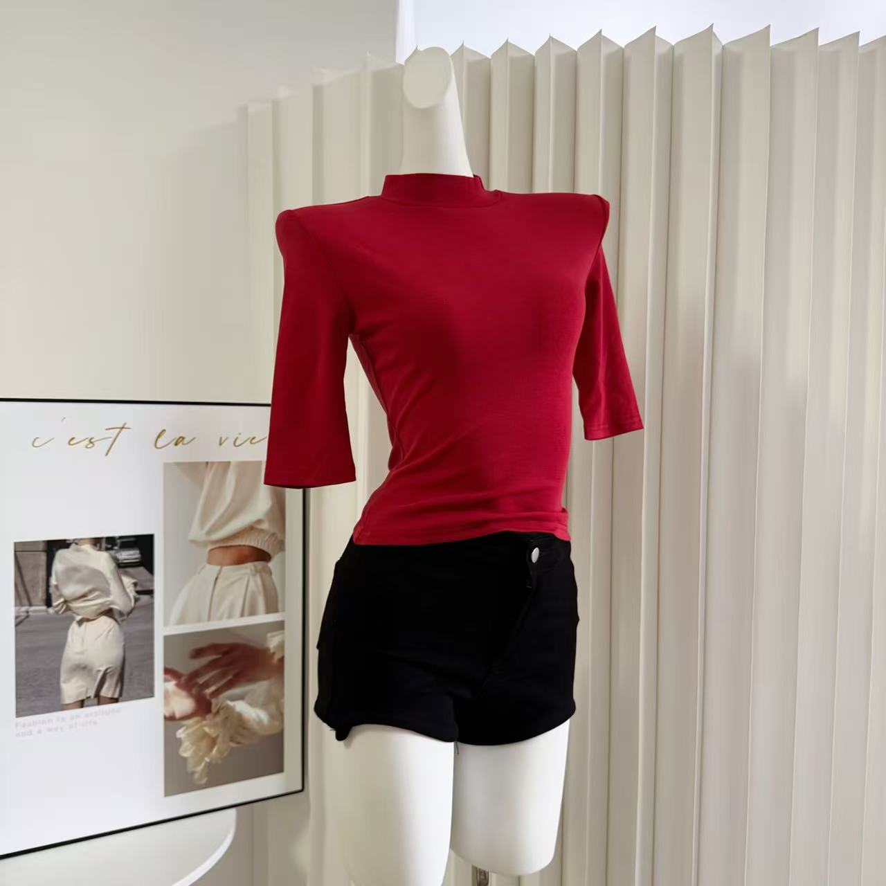 Women's Red Slim Fit Half High Neck Five-Quarter Sleeve Top - Image 2