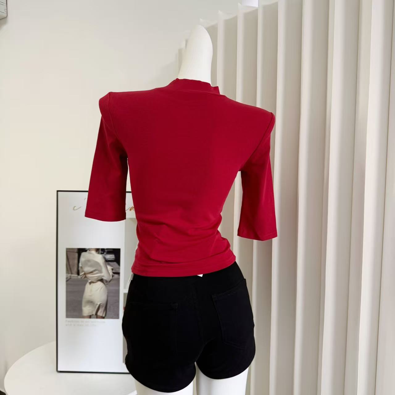 Women's Red Slim Fit Half High Neck Five-Quarter Sleeve Top - Image 5