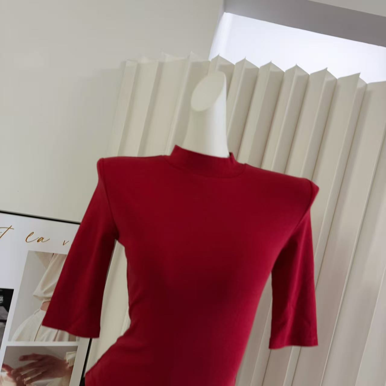 Women's Red Slim Fit Half High Neck Five-Quarter Sleeve Top - Image 3