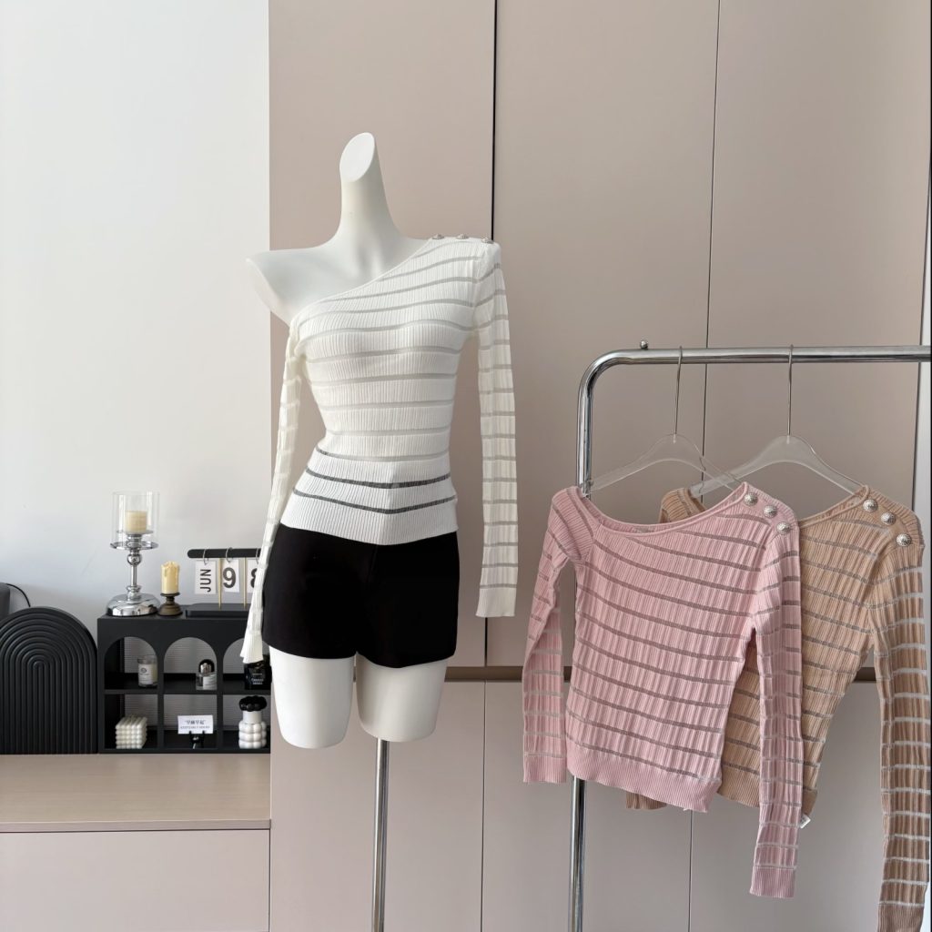Women's Off-Shoulder Striped Long Sleeve Knit Top