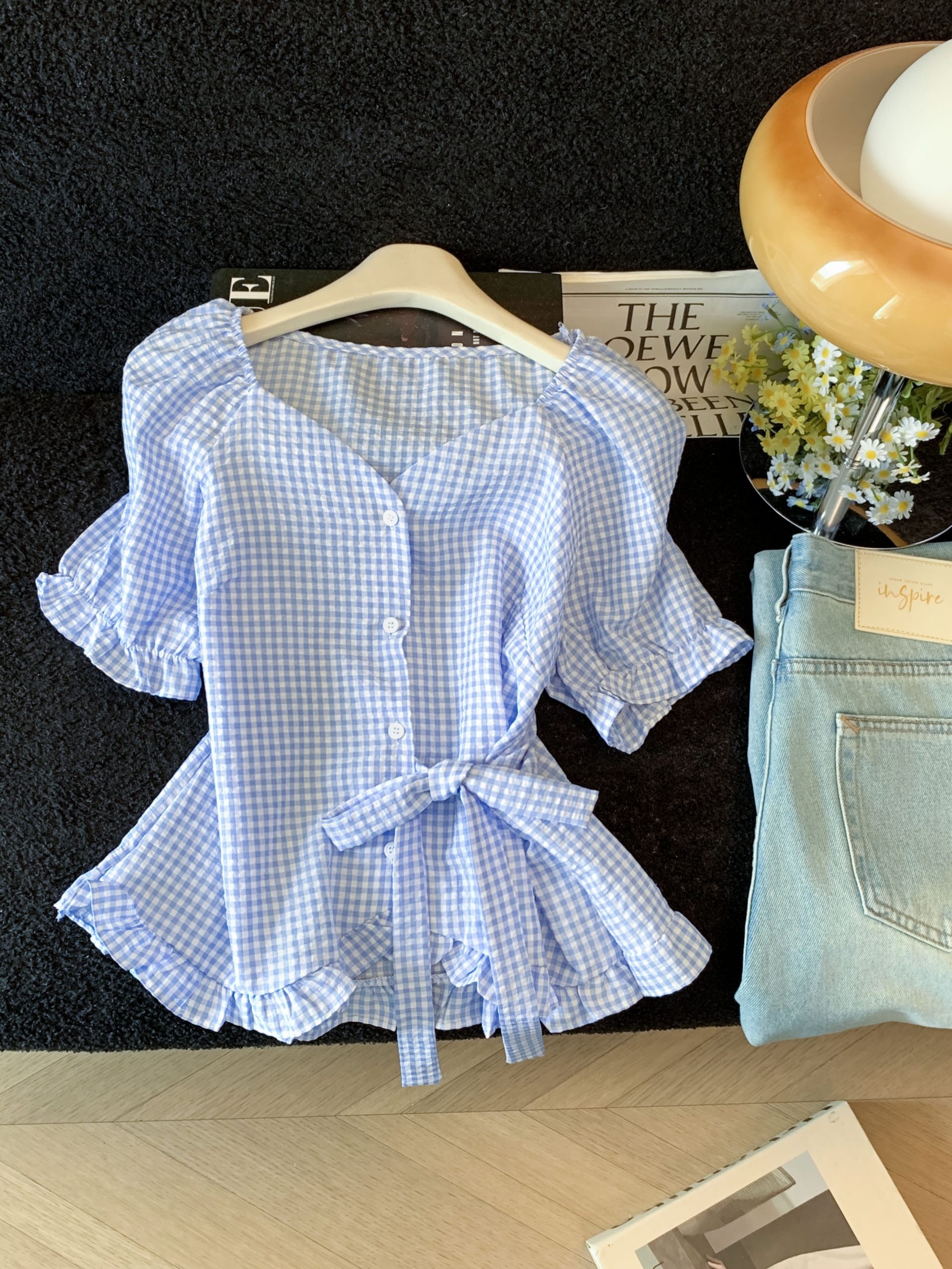 French Square Neck Plaid Shirt for Women Summer 2026 Puff Sleeve Waist Tie Blouse - Image 2
