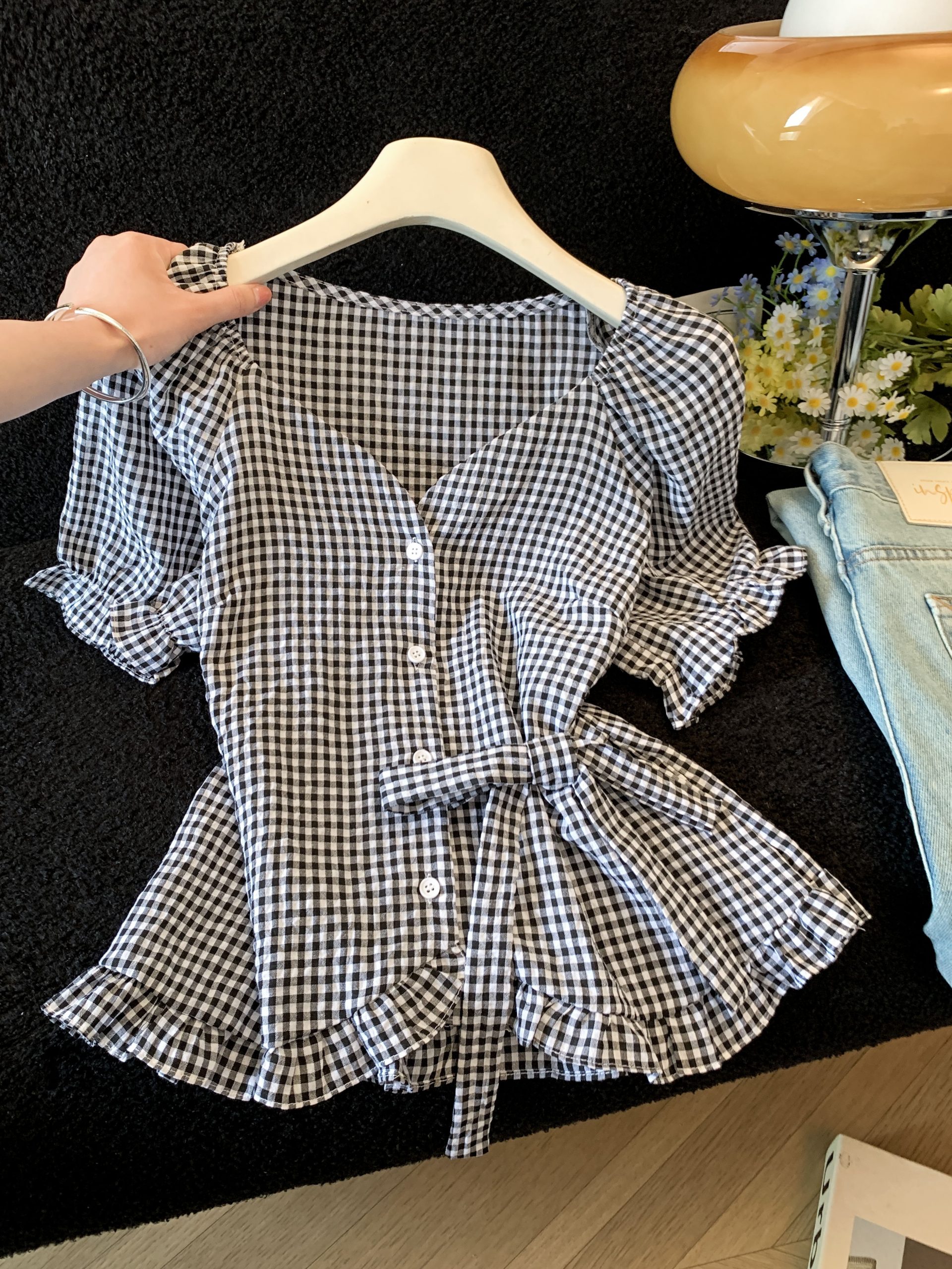 French Square Neck Plaid Shirt for Women Summer 2026 Puff Sleeve Waist Tie Blouse - Image 3