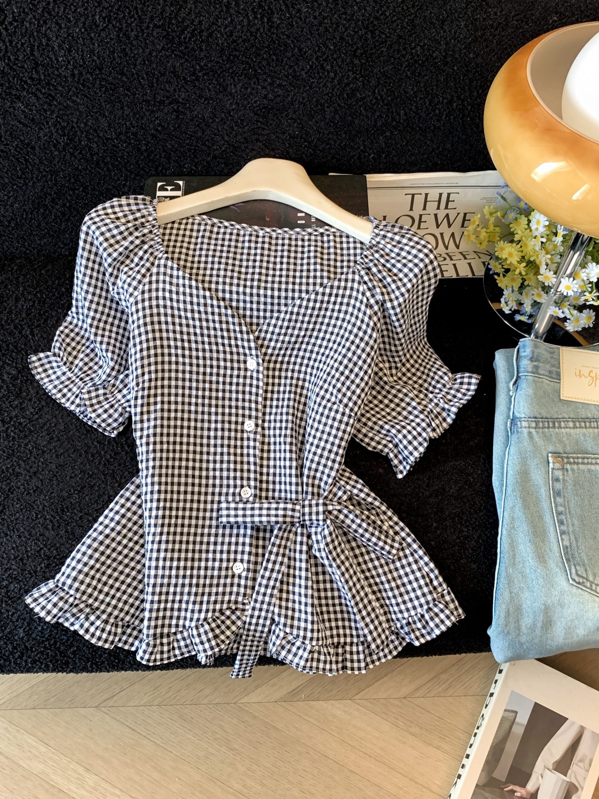 French Square Neck Plaid Shirt for Women Summer 2026 Puff Sleeve Waist Tie Blouse - Image 4
