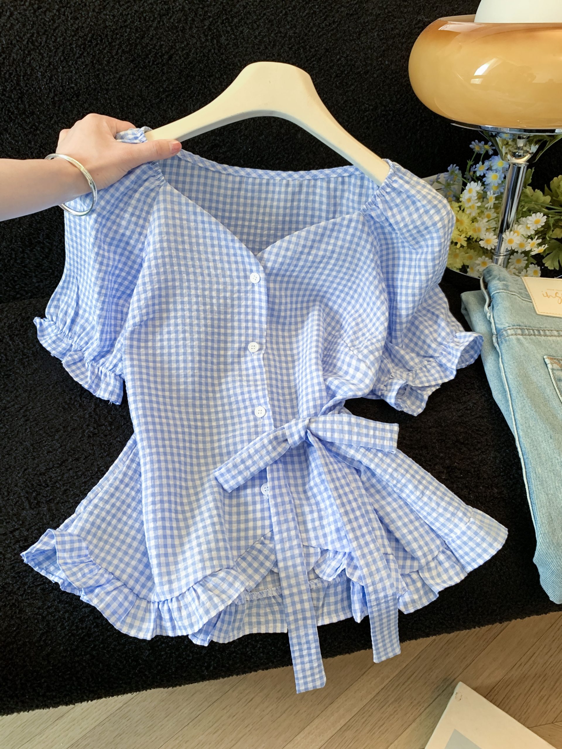 French Square Neck Plaid Shirt for Women Summer 2026 Puff Sleeve Waist Tie Blouse