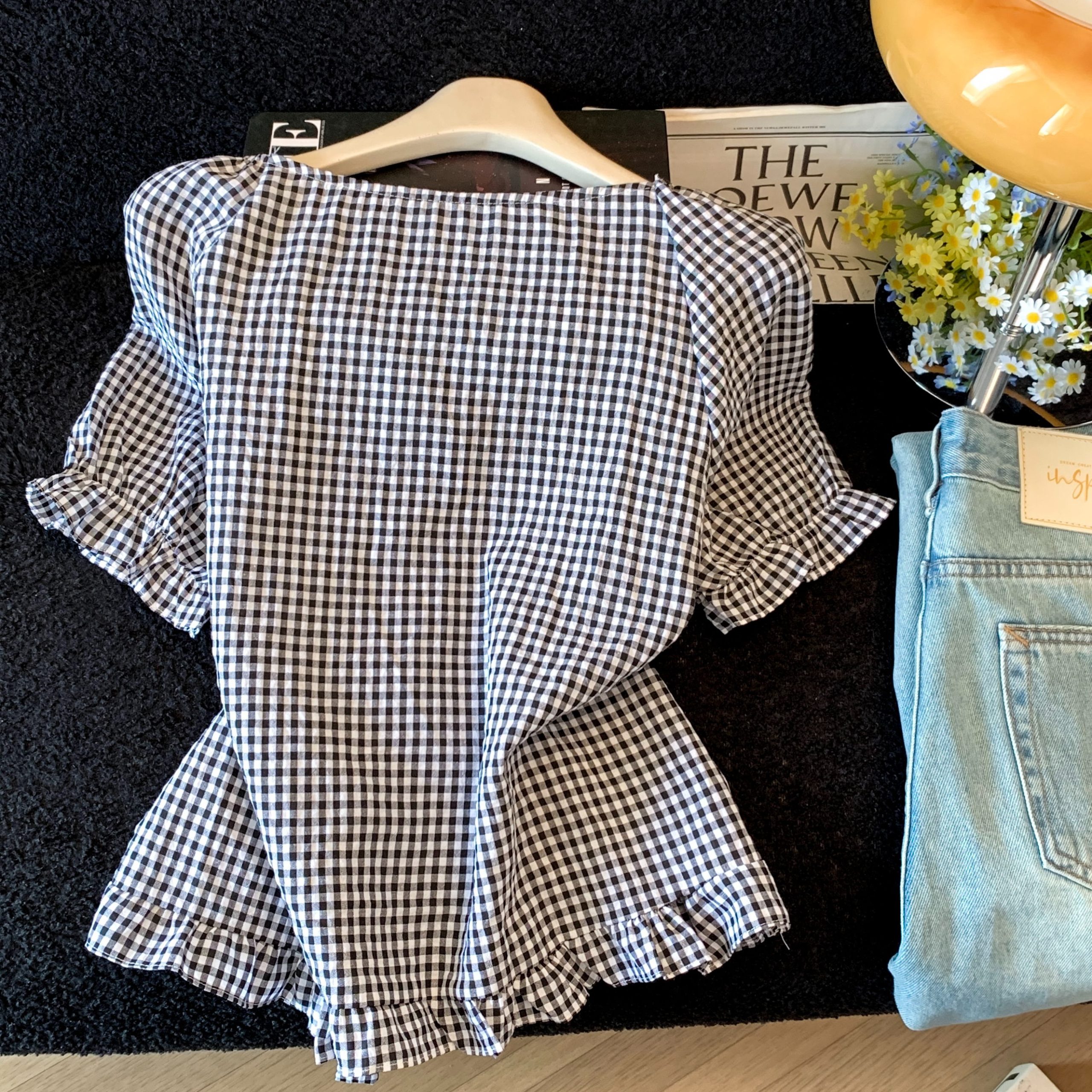 French Square Neck Plaid Shirt for Women Summer 2026 Puff Sleeve Waist Tie Blouse - Image 5