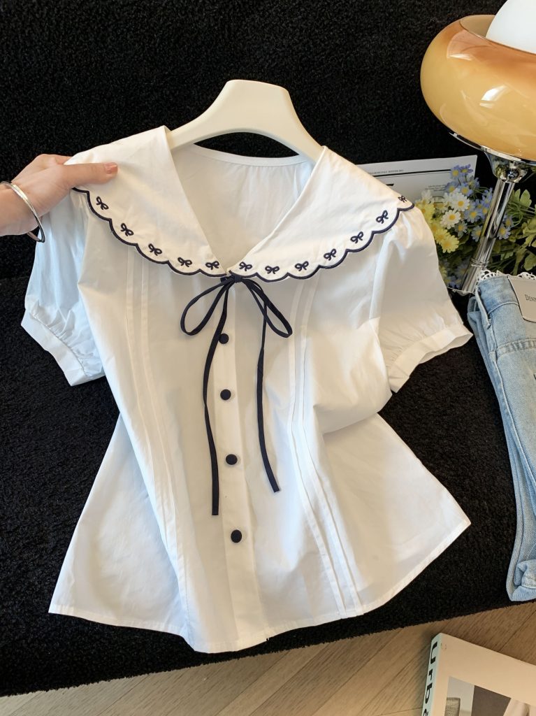 Korean Sweet Doll Collar Short Sleeve Shirt for Women Preppy Style Cute Age Reducing Top
