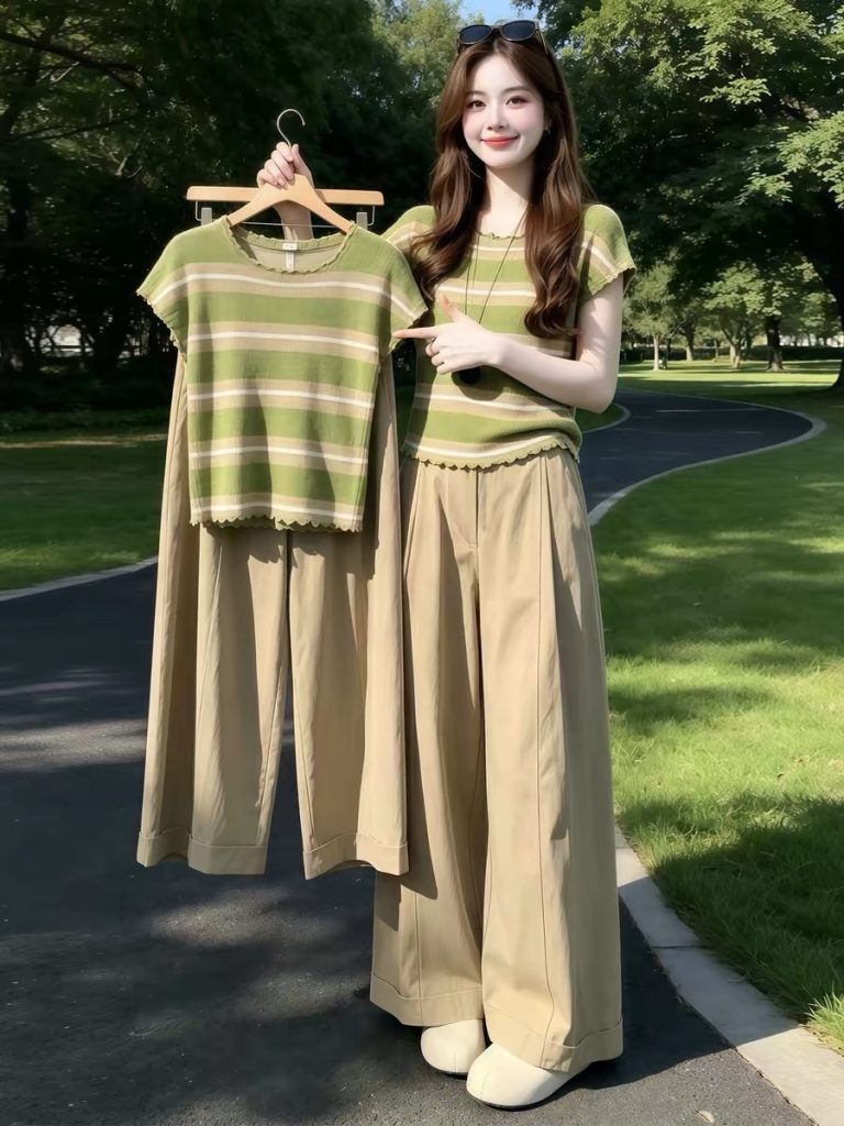 Forest Green Striped Knit Short Sleeve T-Shirt for Women 2026 Summer
