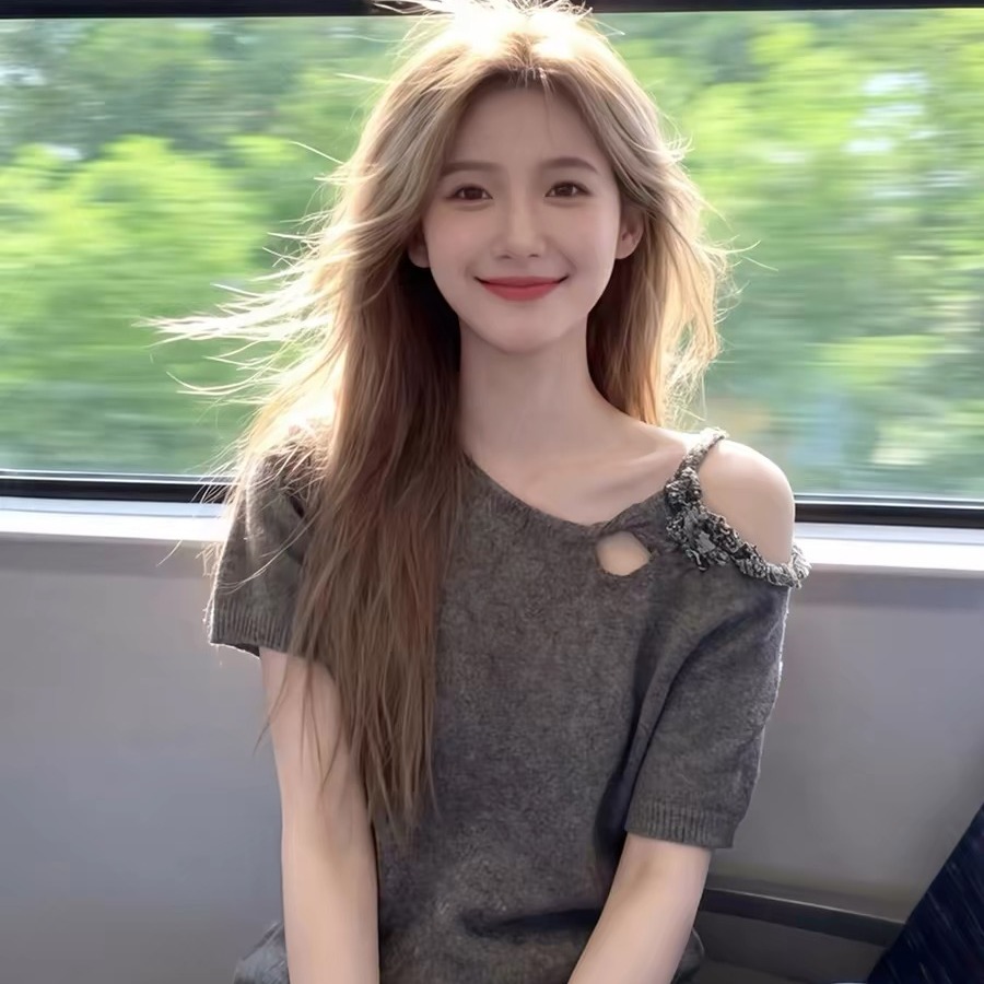Gray One-Shoulder Cutout Short-Sleeve T-Shirt for Women 2026 Summer New Style - Image 5