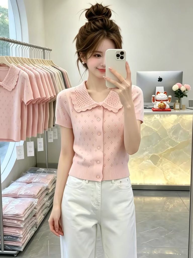 Gentle Pink Collared Cardigan-Style Short-Sleeve T-Shirt for Women 2026 Summer New French Unique Pretty Top