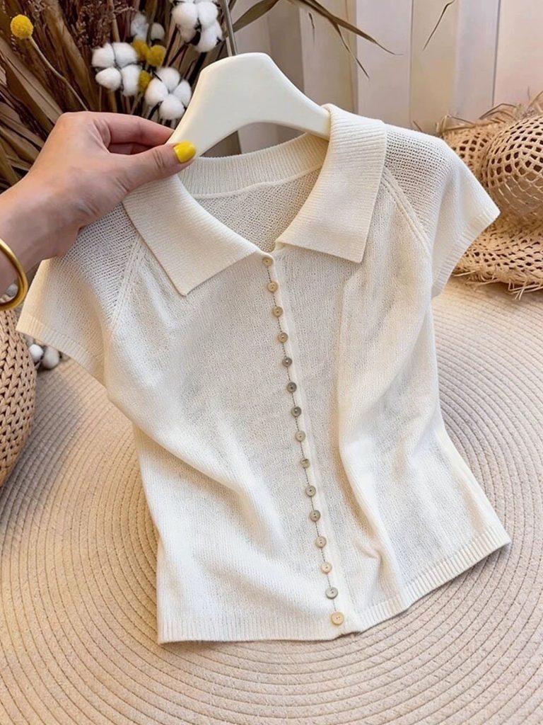 Women's White Collared Short Sleeve T-Shirt 2026 Summer Minimalist Top
