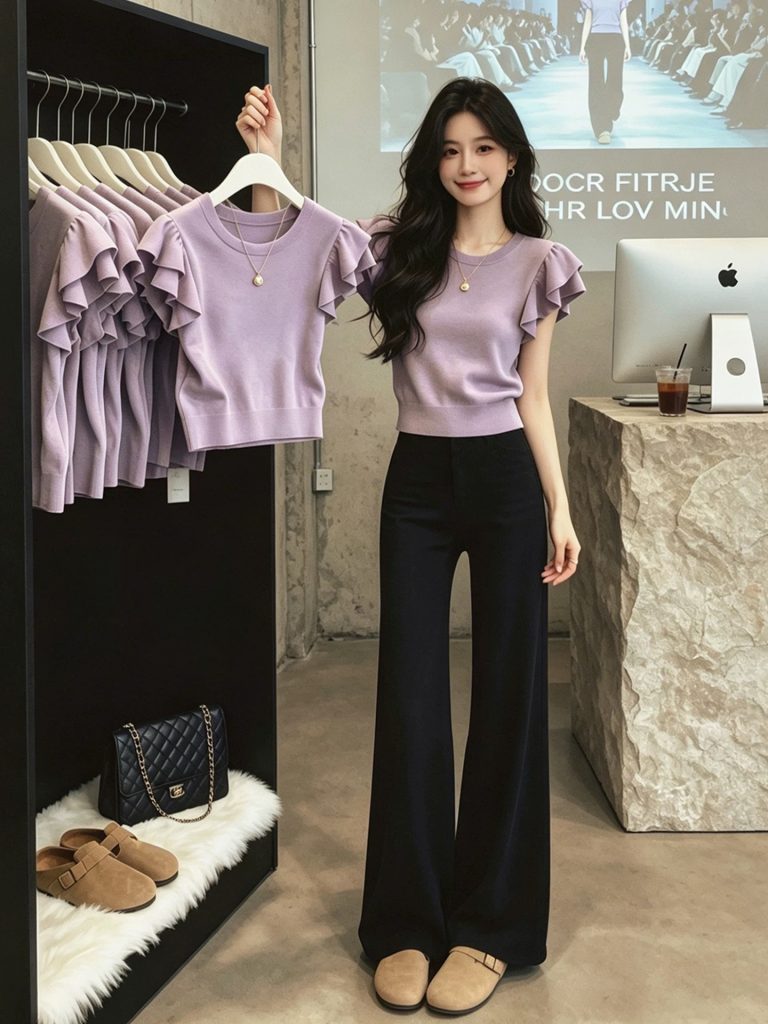 Women's Purple Double Ruffle Sleeve Cinched Waist Short Sleeve T-Shirt Summer 2026
