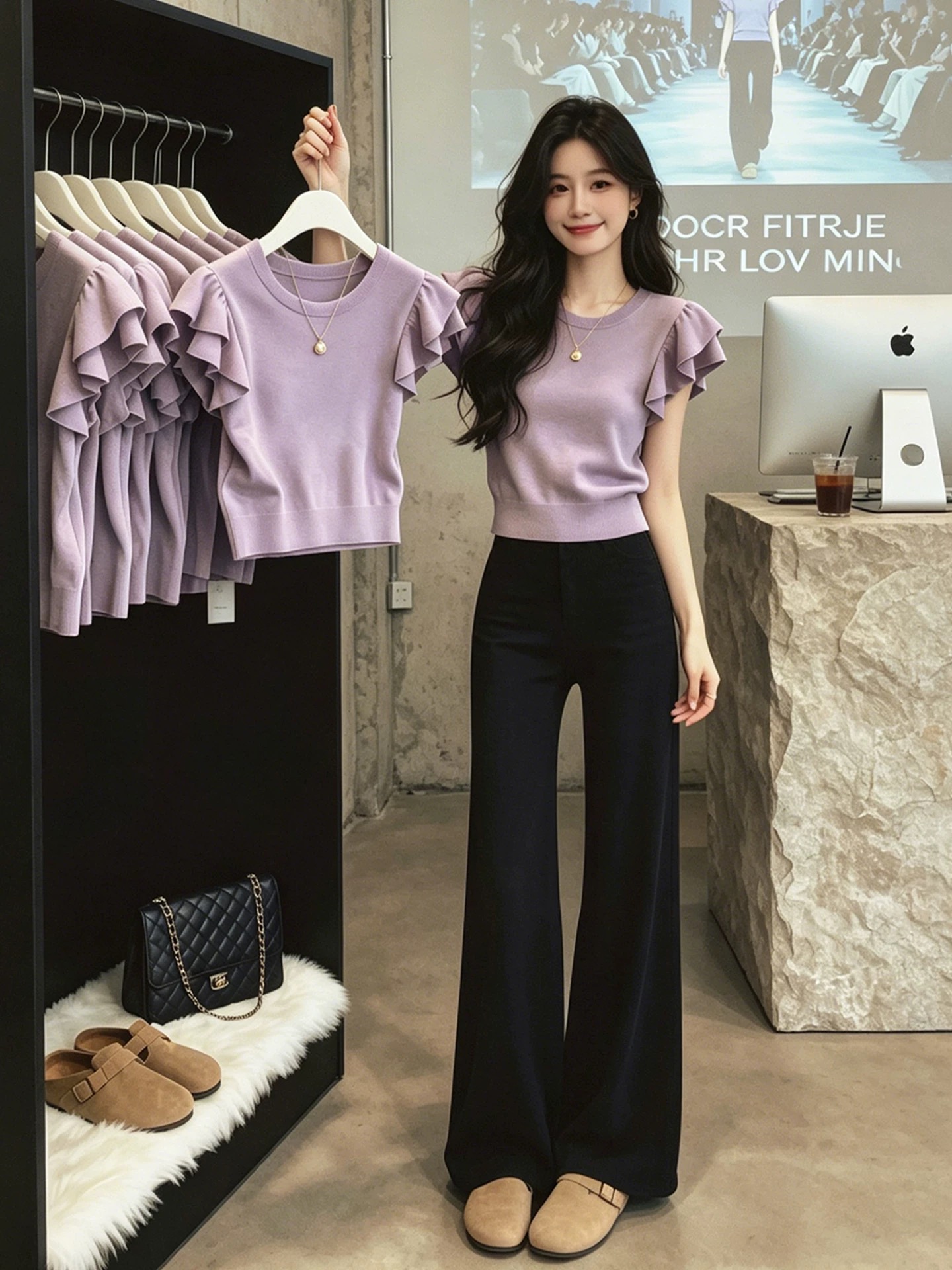 Women's Purple Double Ruffle Sleeve Cinched Waist Short Sleeve T-Shirt Summer 2026