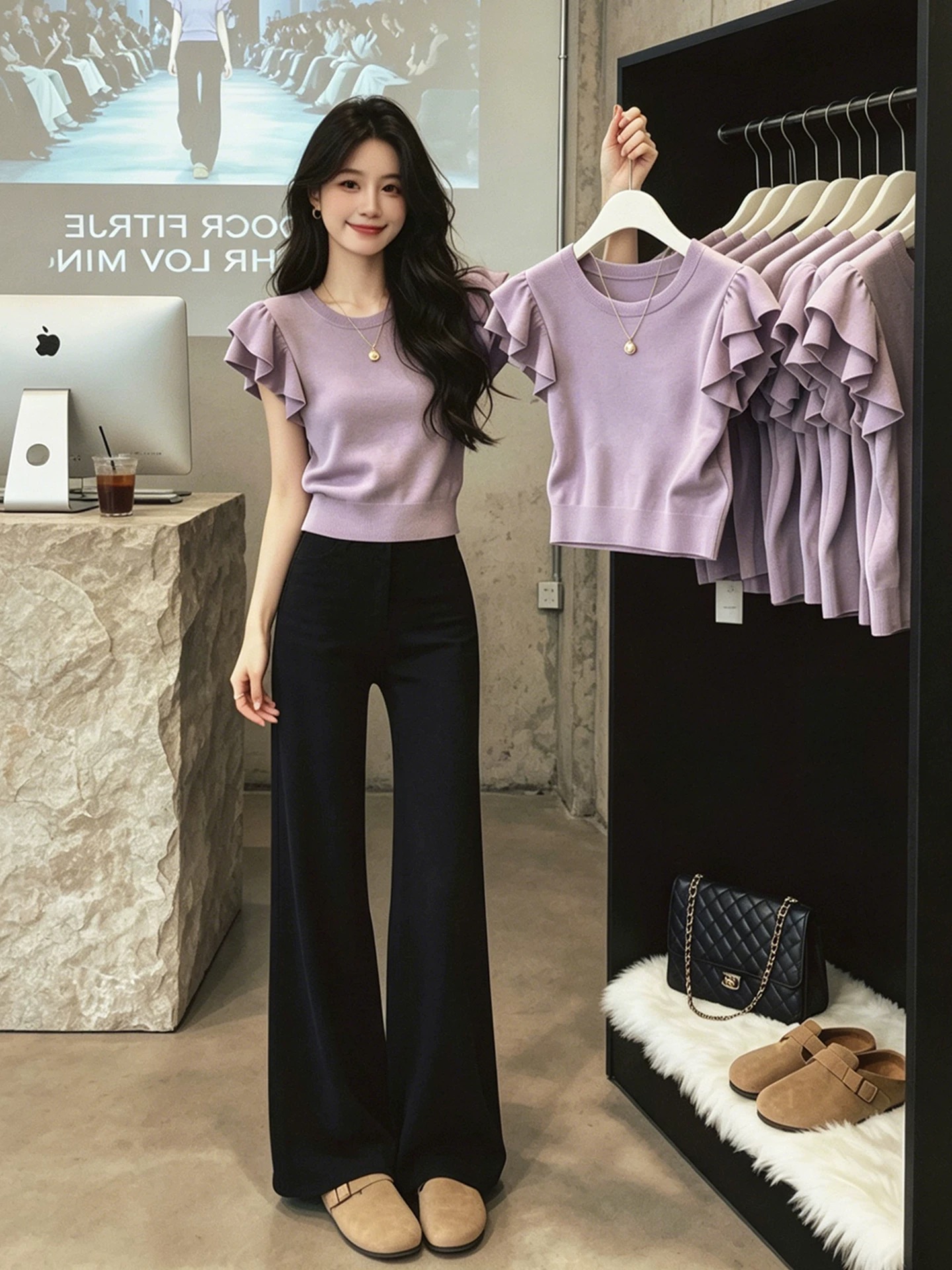 Women's Purple Double Ruffle Sleeve Cinched Waist Short Sleeve T-Shirt Summer 2026 - Image 4
