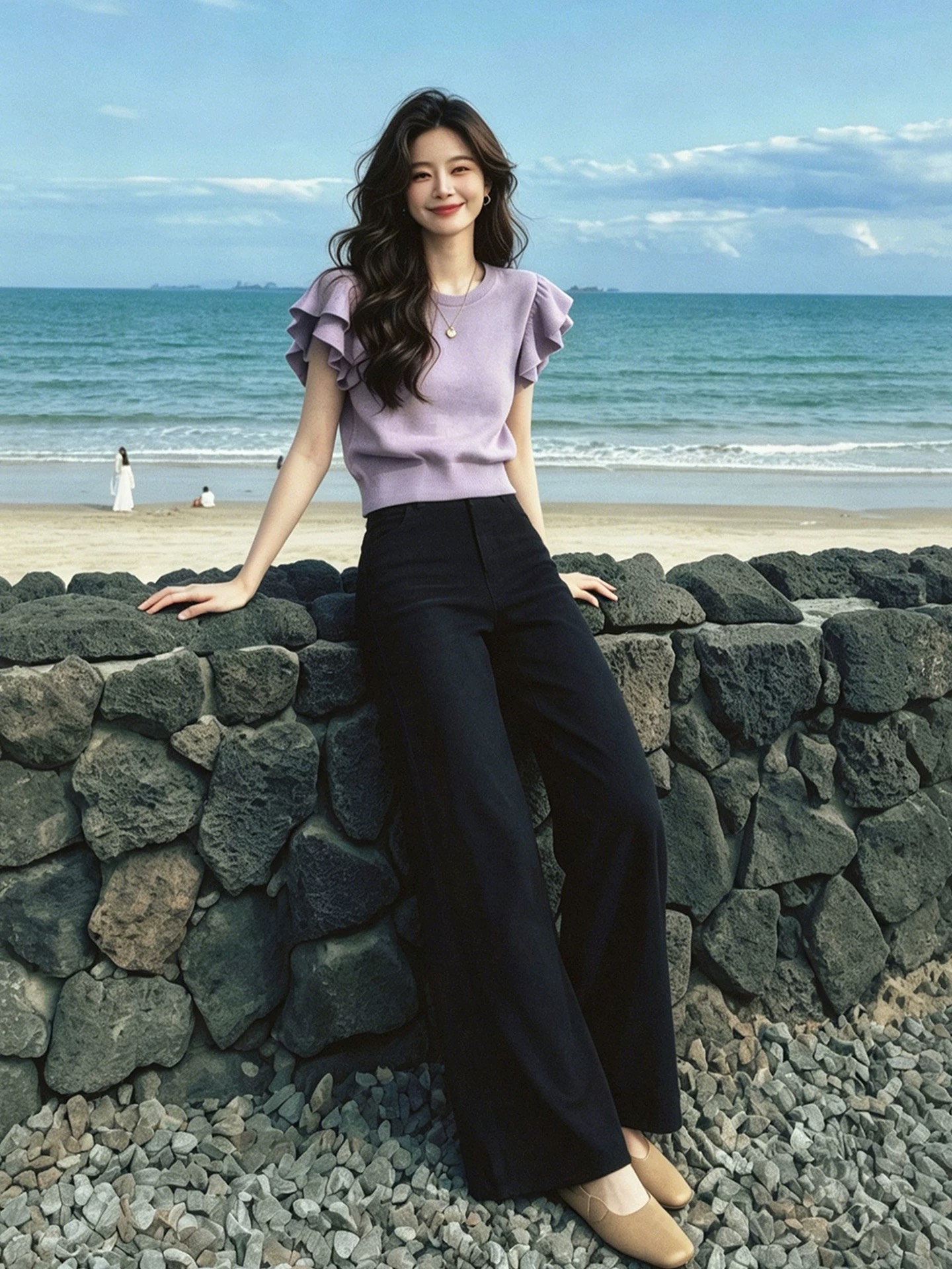 Women's Purple Double Ruffle Sleeve Cinched Waist Short Sleeve T-Shirt Summer 2026 - Image 3