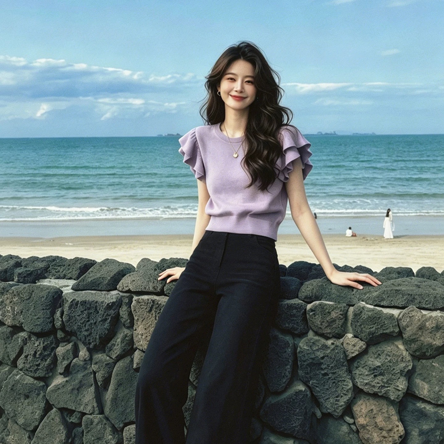Women's Purple Double Ruffle Sleeve Cinched Waist Short Sleeve T-Shirt Summer 2026 - Image 5