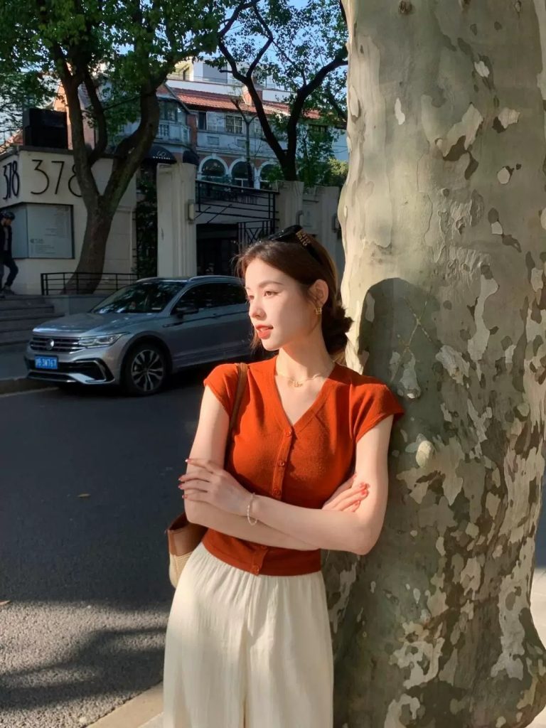 Red V-Neck Knit Short Sleeve T-Shirt Women Summer Cardigan