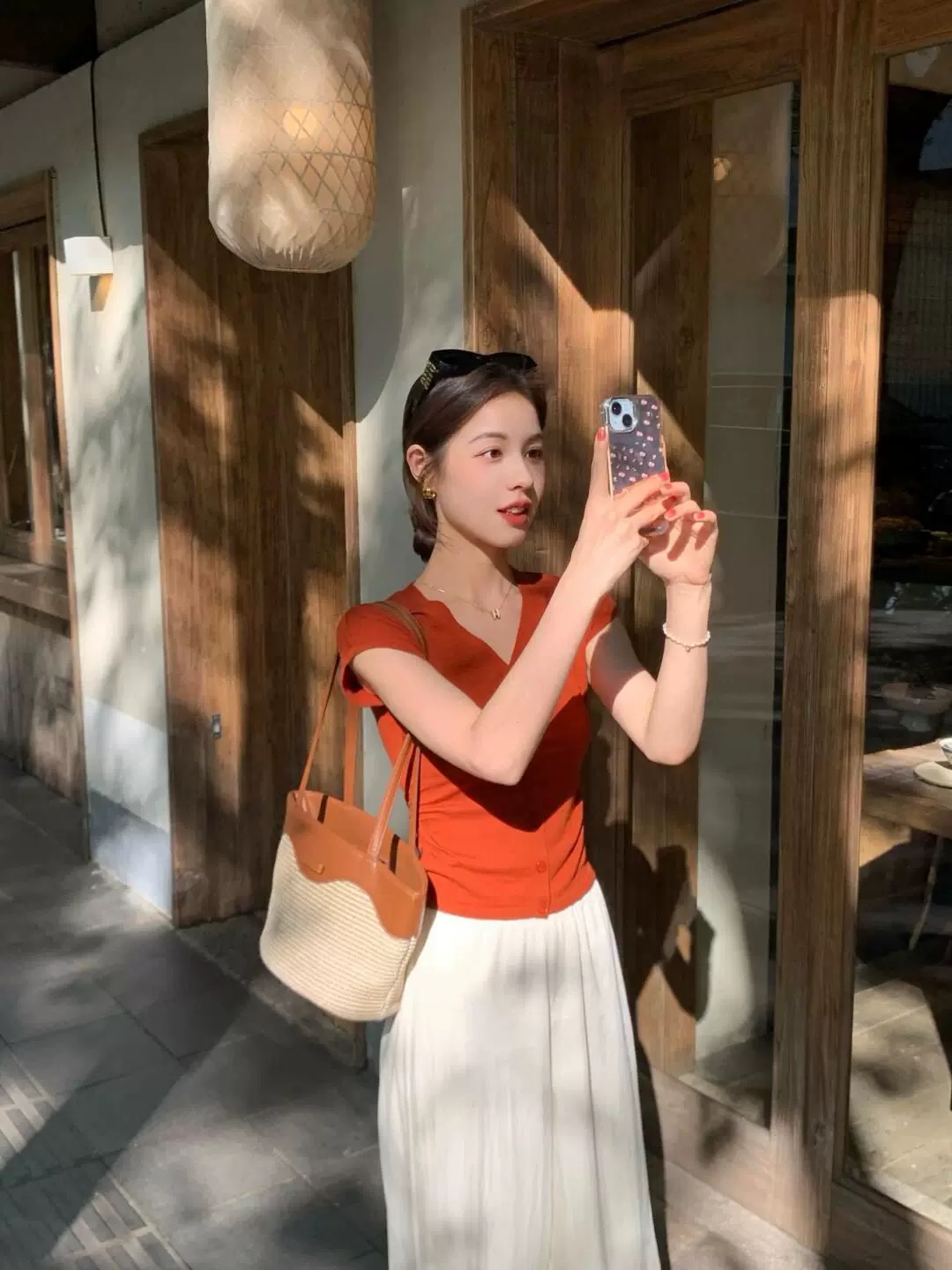 Red V-Neck Knit Short Sleeve T-Shirt Women Summer Cardigan - Image 2