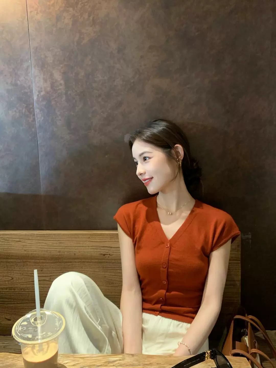 Red V-Neck Knit Short Sleeve T-Shirt Women Summer Cardigan - Image 3