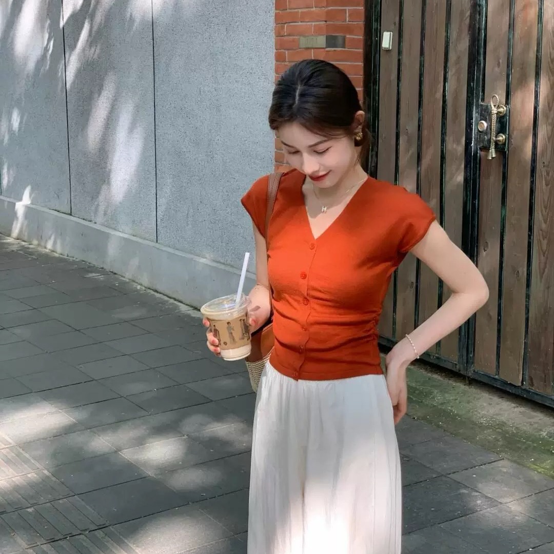 Red V-Neck Knit Short Sleeve T-Shirt Women Summer Cardigan - Image 5