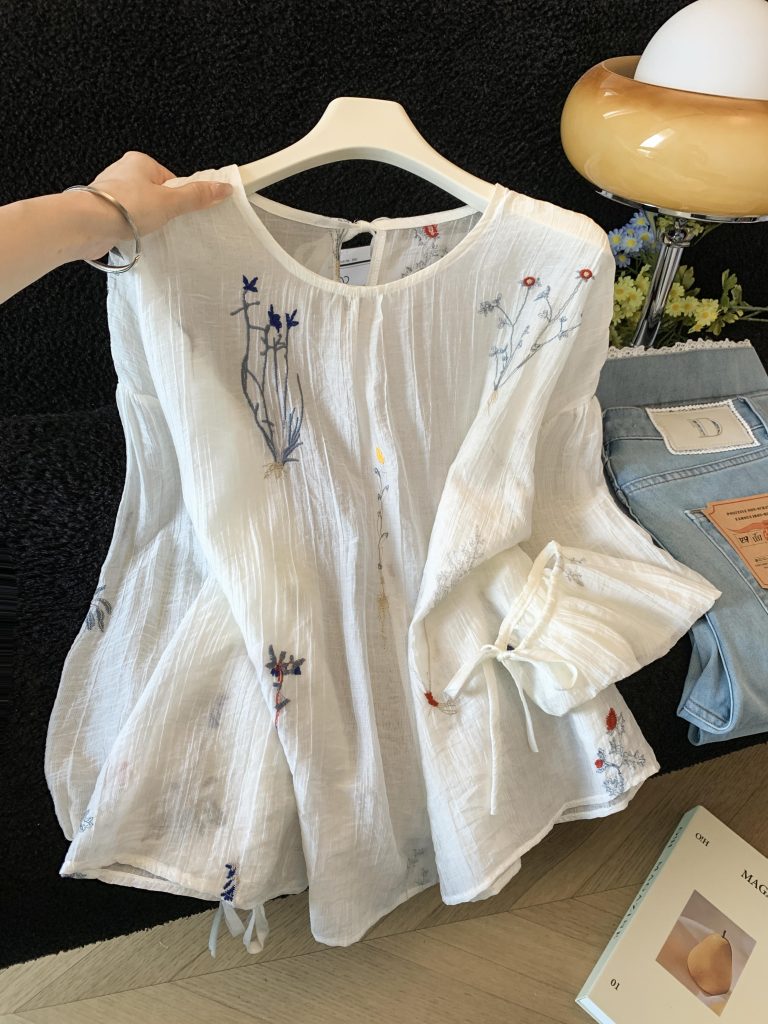 Embroidered Ramie Shirt Women Loose Vacation Sun Protection Top Summer