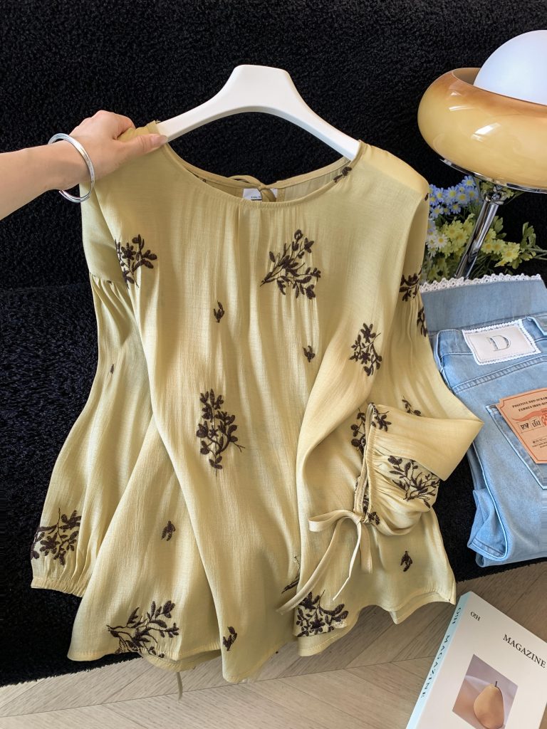 Yellow Lantern Sleeve Embroidered Ramie Light Sun Protection Shirt Women 2026 Summer New Top