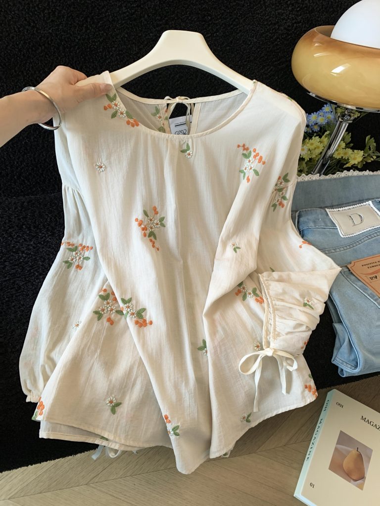 Embroidered Ramie Shirt Women's Vacation Loose Slimming Thin Sun Protection Top Summer New