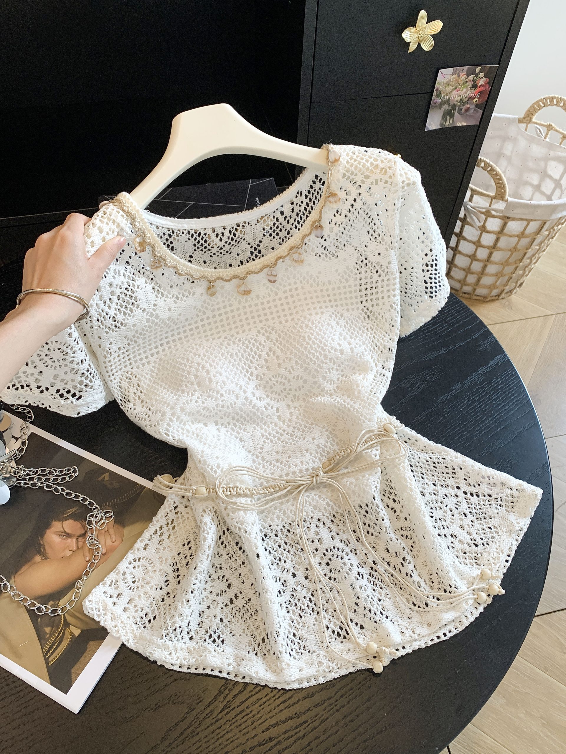 Women Summer Lace Hollow Out Tie Waist Shirt and Cami Set