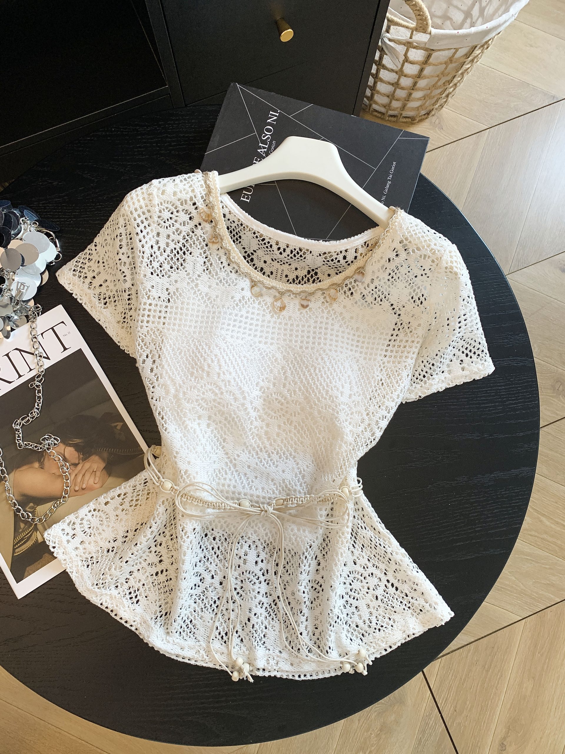 Women Summer Lace Hollow Out Tie Waist Shirt and Cami Set - Image 2