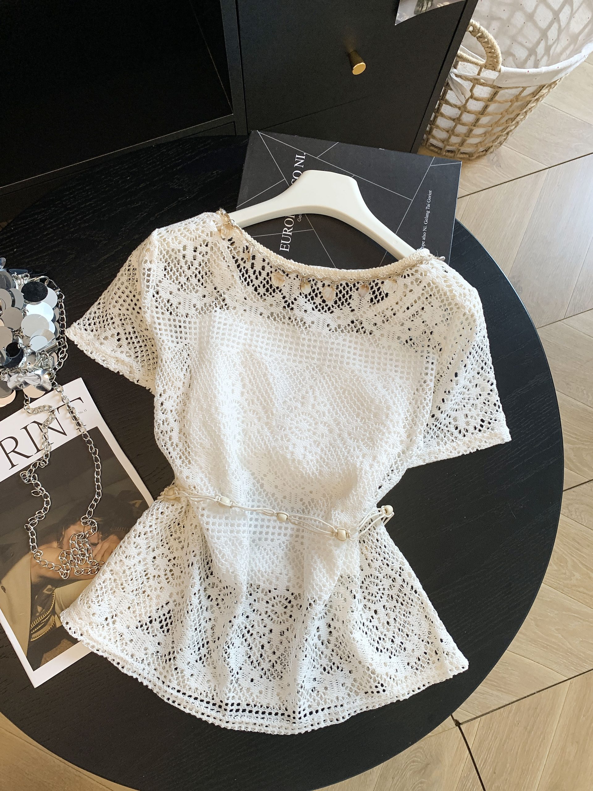 Women Summer Lace Hollow Out Tie Waist Shirt and Cami Set - Image 3
