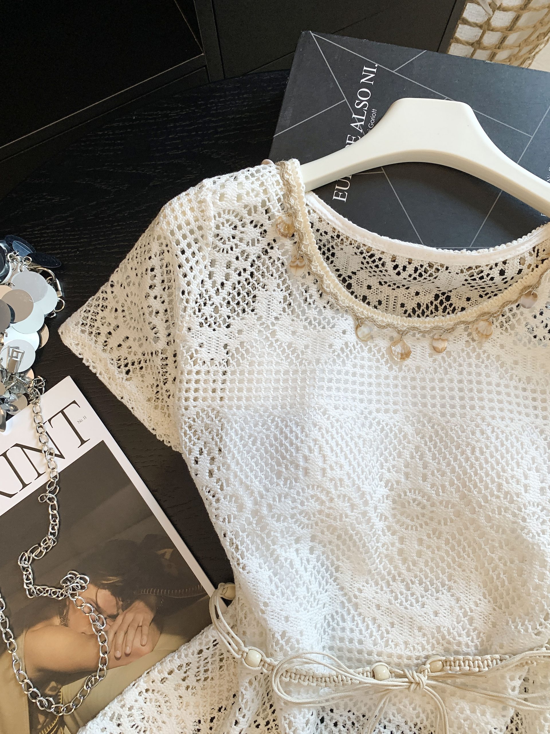 Women Summer Lace Hollow Out Tie Waist Shirt and Cami Set - Image 4