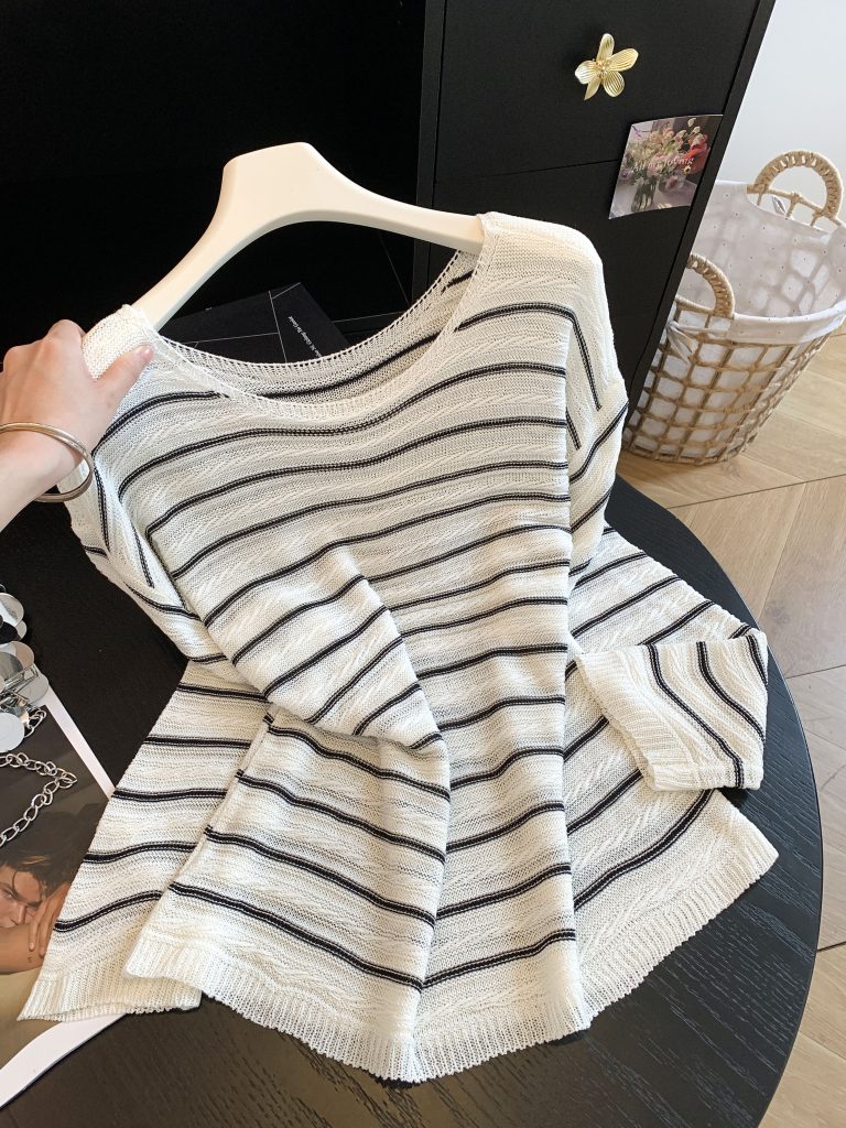 Women's Lazy Style Striped Color Block Long Sleeve Knit Cover Up Loose Sun Protection Casual Top